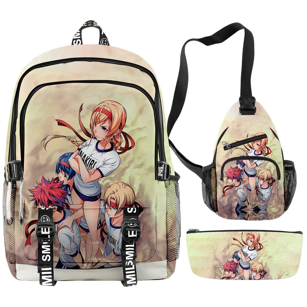 Popular Food Wars Shokugeki No Soma 3D Printed 3pcs/Set Student School Bags multifunction Travel Backpack Chest Bag Pencil Case