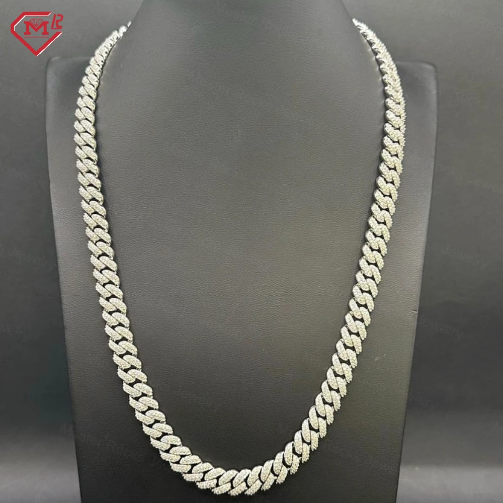 Hiphop Miami Cuban Chain 10mm 2 Rows 925 Sterling Silver Iced Out Vvs Moissanite Cuban Link Chain