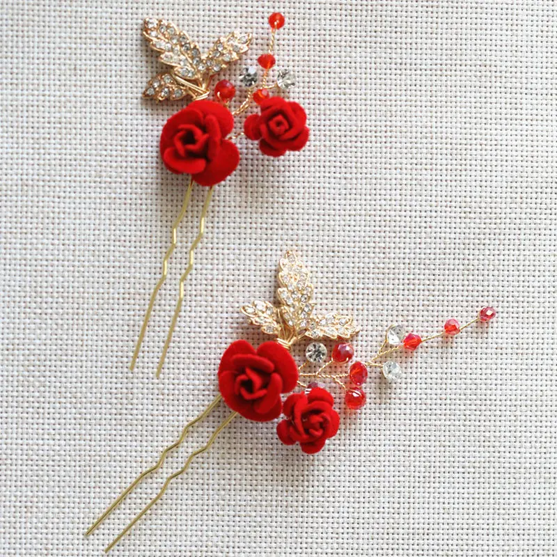 New Arrival Red Flower Hair Band Vine Gold Color Leaf Wedding Bride Headpiece Accessories Rhinestone Hairpin Comb Jewelry Set