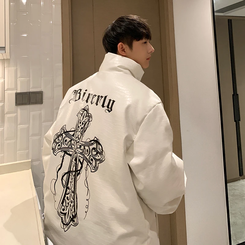 

Men's Thiened Cotton Jaet PU Leather Print High Street Coat Winter Cold Resistance Stand Collar American Trendy Brand