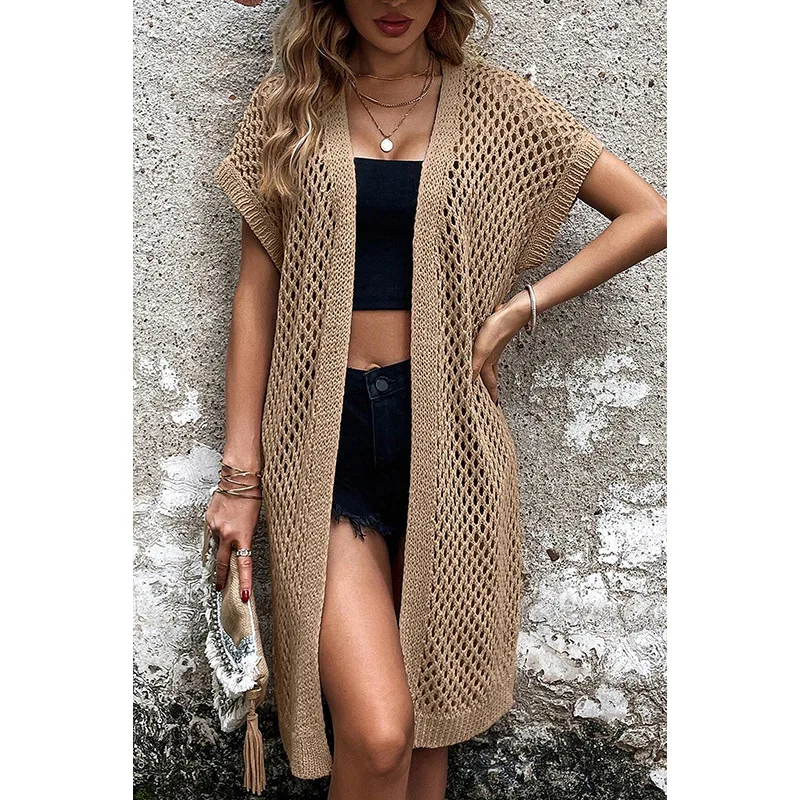 

Fashionable Versatile Open Front Short Sleeve Sweater for Women Summer new solid color hollow knit cardigan for women