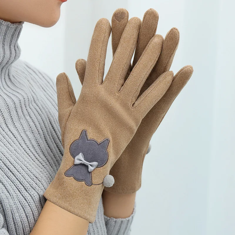 Women Autumn and Winter Warm Fashion Touch Screen Cute Cartoon Cat Driving Cycling Soft Gloves Elastic Windproof