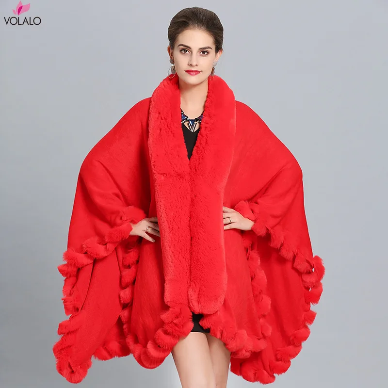 

VOLALO EuropeStyle Fashion Double Fox Fur Coat Cape Hooded Knit Cashmere Cloak Cardigan Outwear Women Winter New Shawl 1.1kg