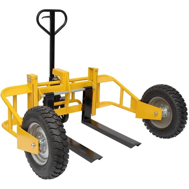 Baúl de palés manual para terreno con barandilla, camión con palés de alta resistencia, capacidad de carga de 2500 libras, control manual de 3 funciones