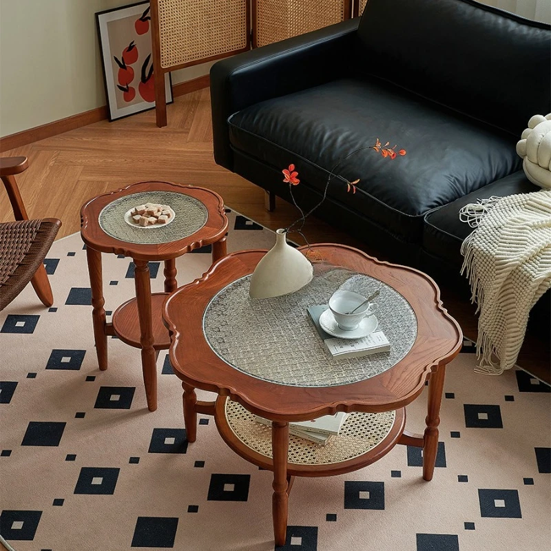 

French retro solid wood flower coffee table combination medium and ancient style living room household glass double-layer small