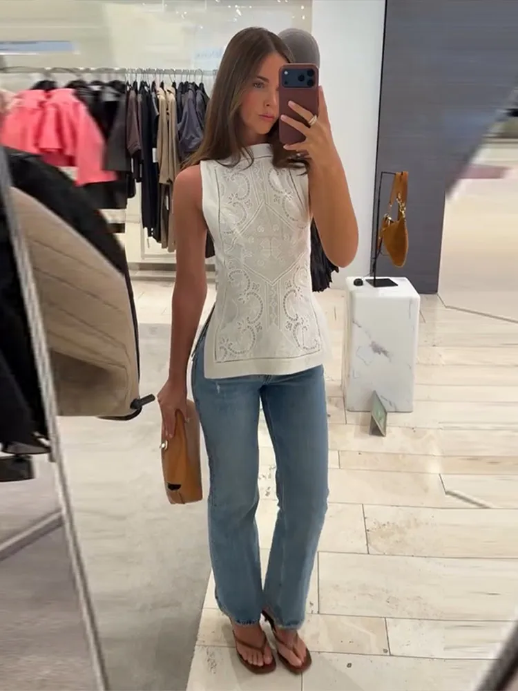 O-neck Hollow Out Women's Tops Embroidery Sleeveless White Zipper Tank Short High Street 2026 Summer Fashion Casual Coat