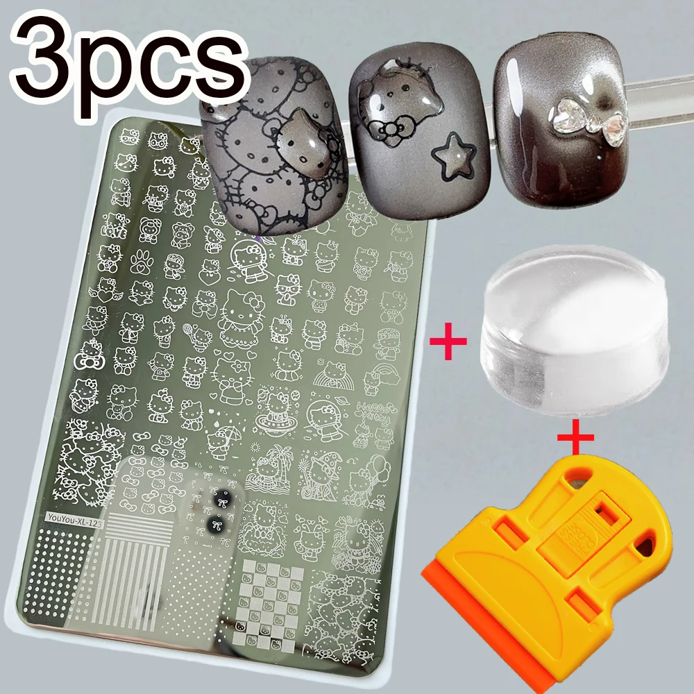 3 pz Kawaii Hello Kitty Nail Stamping Piastra-Scraper-sigillo Set Nuovo 14.5*9.5 cm Kitty Punti d'onda Linee Piastra in acciaio per unghie Forniture TL