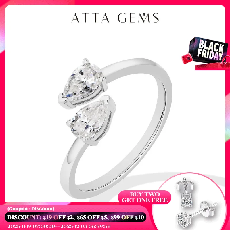 

ATTAGEMS 925 Sterling Silver Double Pear Cut Moissanite Rings for Women D VVS1 0.5ct Two Stones Open Ring Daily/Wedding Jewelry