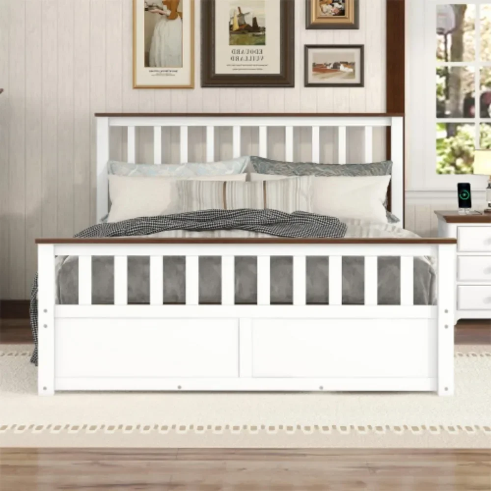 Modern Farmhouse Solid Wood Platform Bed with Headboard  Bed Frame with 2 Drawers/Space Saving/Wood Slat Support, Bed