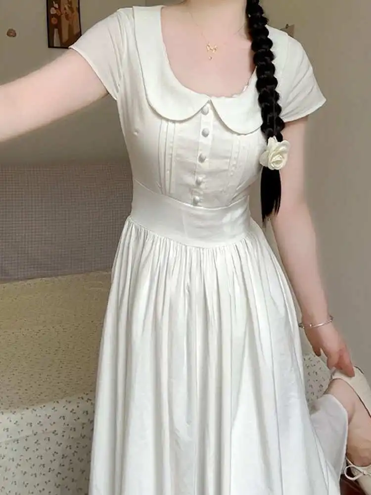 Vestido adeazante de corte en A con cuello Peter Pan, manga corta, estilo coreano para estudiantes, vestido midi entallado ...