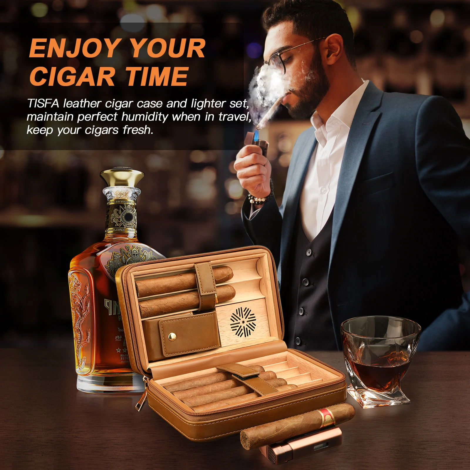 Cigar Humidor, Leather Cedar Wood Cigar Case with Cigar Lighter, V Cut Cigar Cutter,Cigar Holder 3 in 1 Travel Cigar Humidor Box