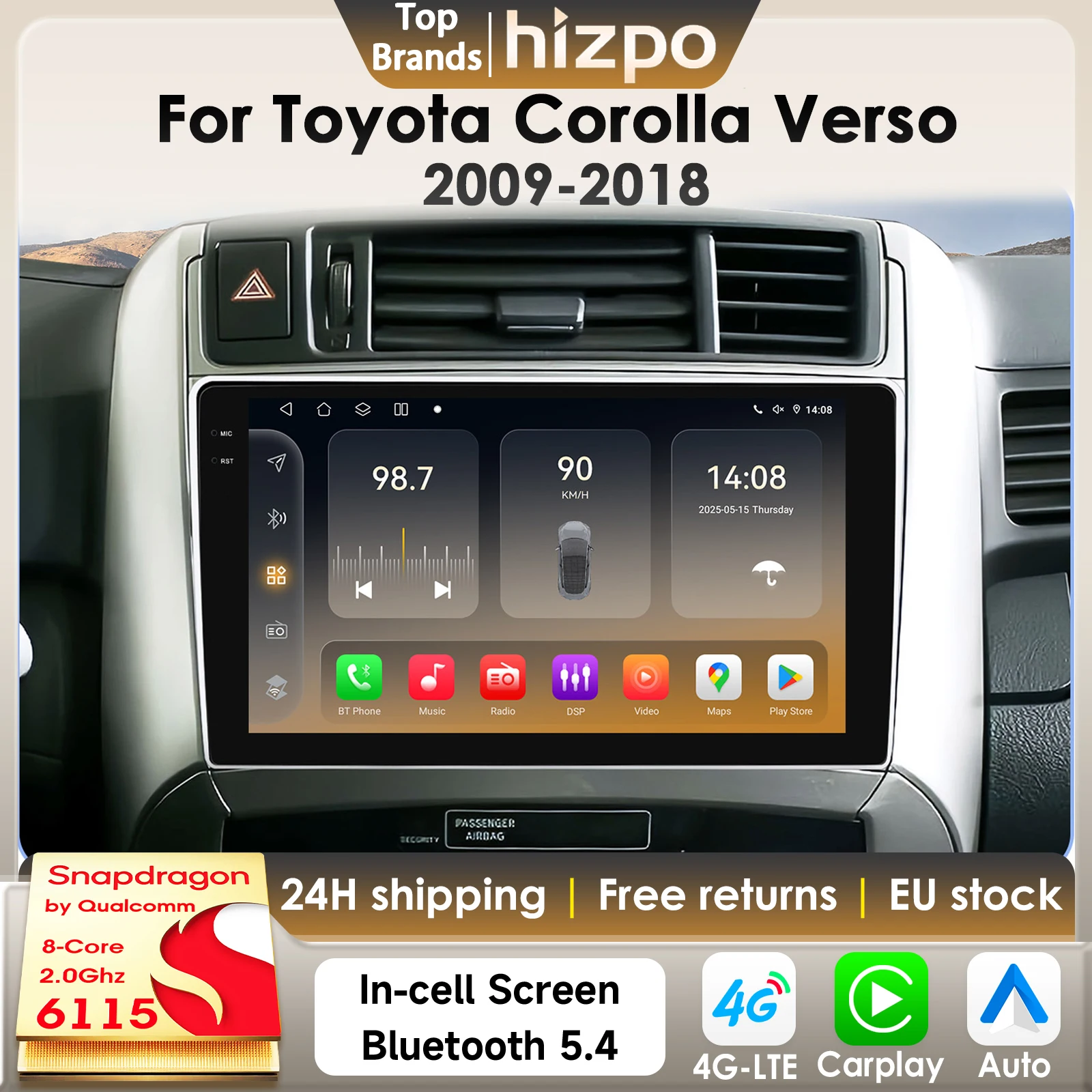 Hizpo 8Core 2Din Android14 Autoradio Für Toyota Corolla Verso 2009-2018 Auto Multimedia GPS 4G Carplay von Qualcomm Snapdragon6115