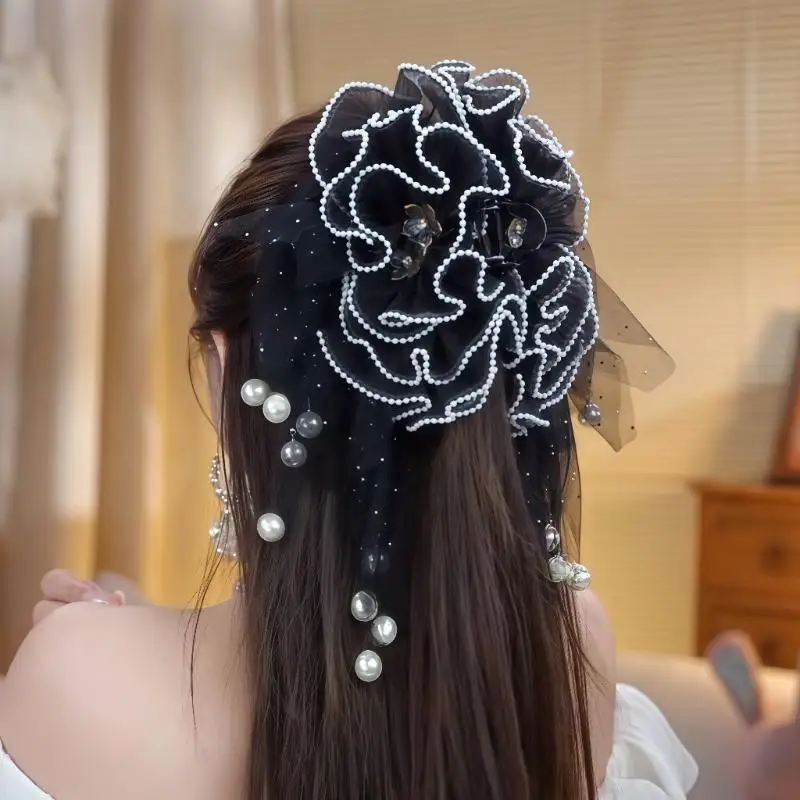 

【JYS-7】Mesh Flower Hair Claw Imitation Pearl Tassels Hair Clip High-end Versatile Ponytail Hairpin For Women Hair Accessories