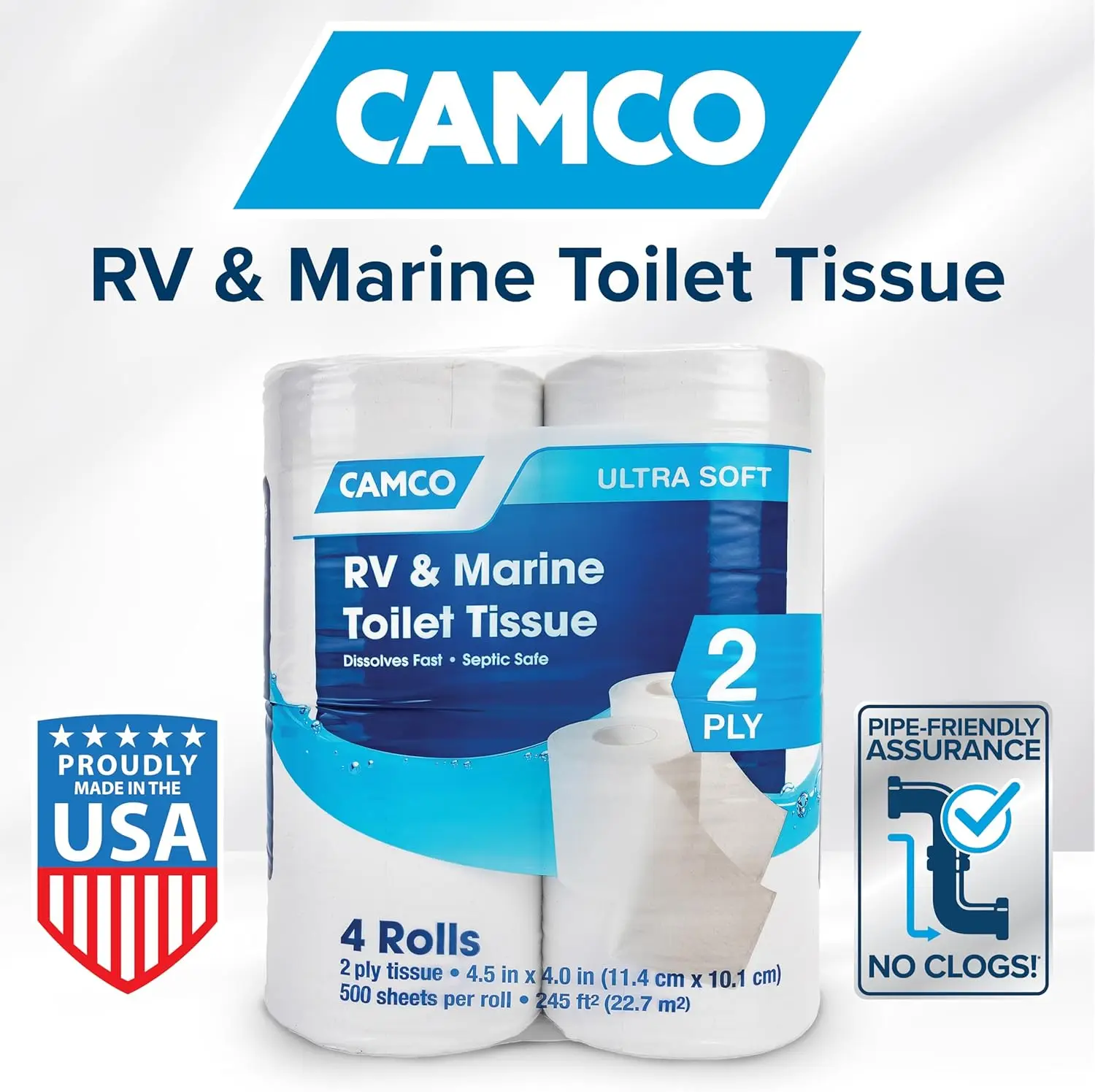 Camper & RV Toilet Paper 16-Rolls 2-Ply Quick Dissolve RV Septic Safe Bath Tissue - Dye & Fragrance Free - 500 Sheets Per Roll
