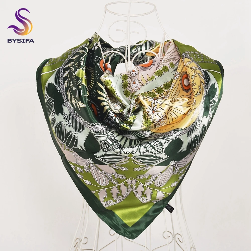 BYSIFA| Winter Ladies Coffee Green Silk Scarf Hijab China Style Ancient painting Satin Square Scarves Fashion Muslim Head Scarf