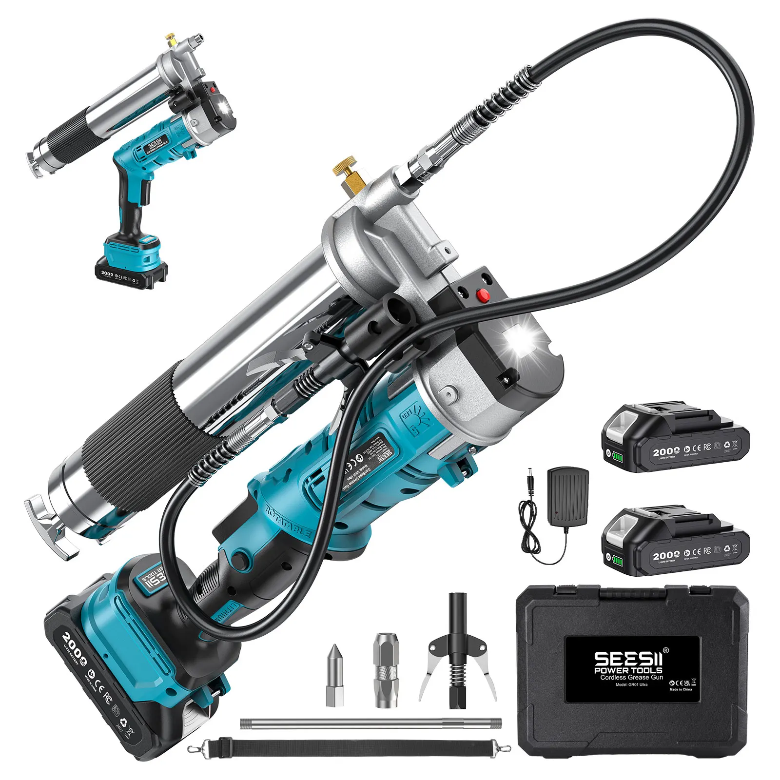 

SEESII 10000PSI & 12000PSI Cordless Grease Gun High-efficient Electric Auto Oil Change 2*2.0Ah Battery 39.4" Long Flexible Hose