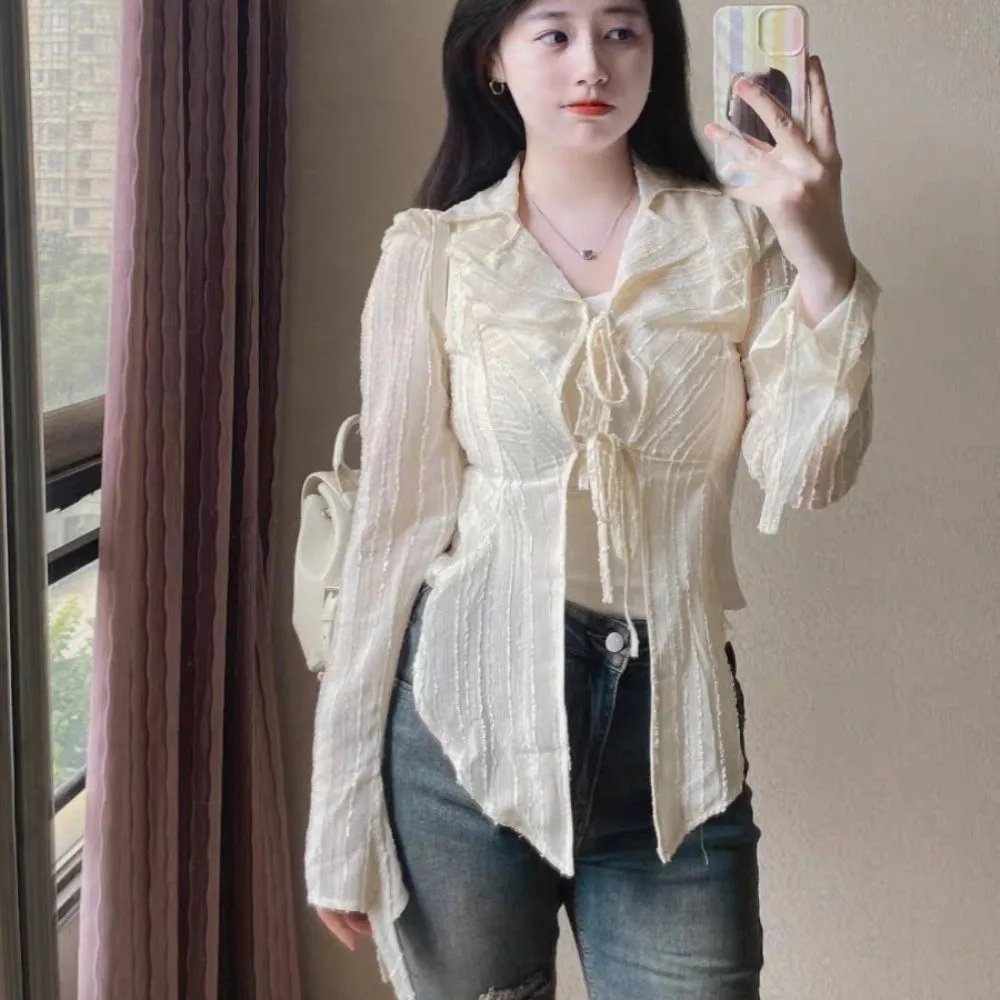 

Soft V-neck Chiffon Sunscreen Shirt Irregular Loose Beige Shirt Women Ruffle Lace-up Long Sleeve Shirt Women