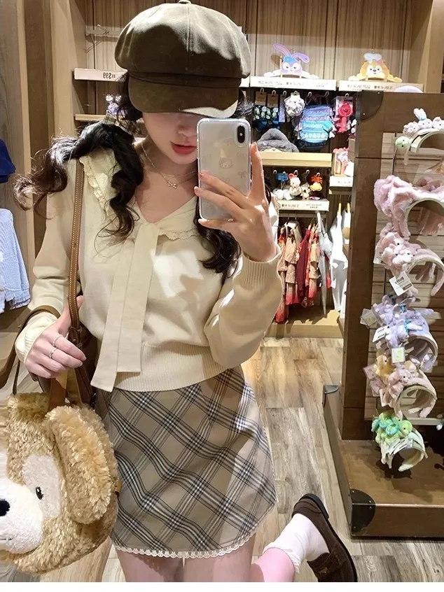 

Сладкий и пряный вязаный топ в стиле преппи с темно-синим воротником Sa Long Sve, женский облегающий базовый топ для осени, корейской девушки