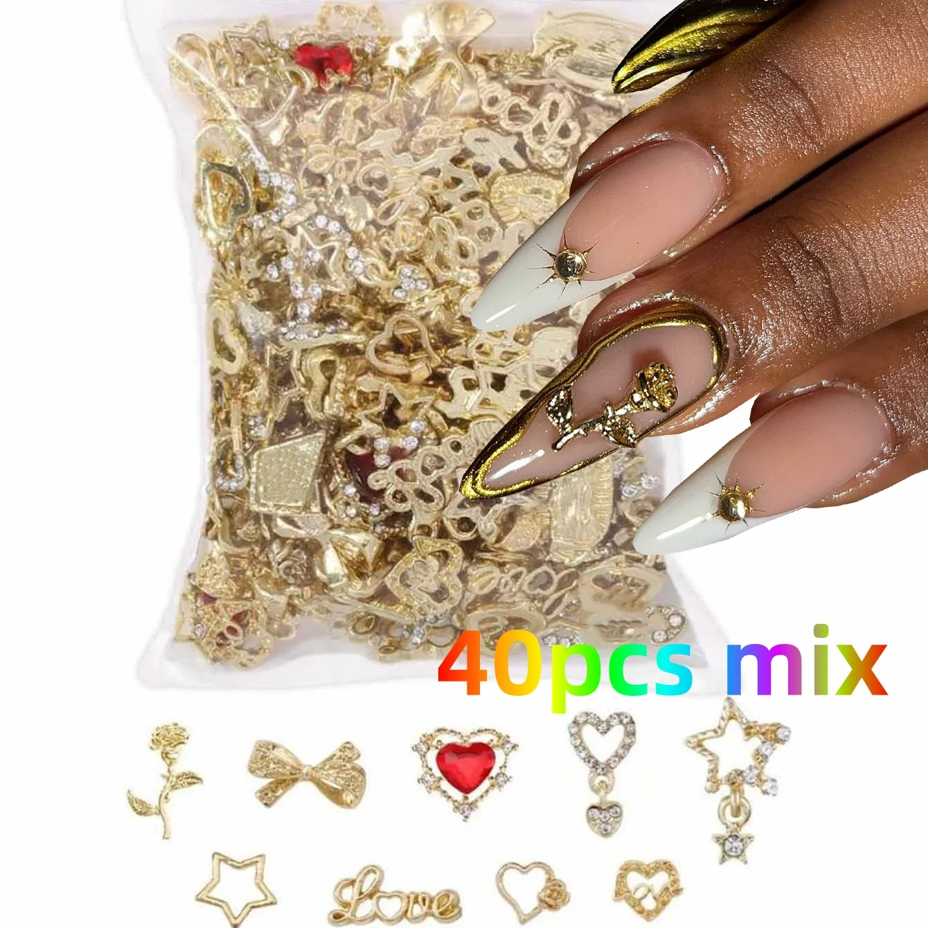 40pcs Mix 3D Golden Metal Rose Nail Art Charm Heart Bow Star Charms Stuff For Nail Decoration DIY Alloy Nail Jewelry Accessories