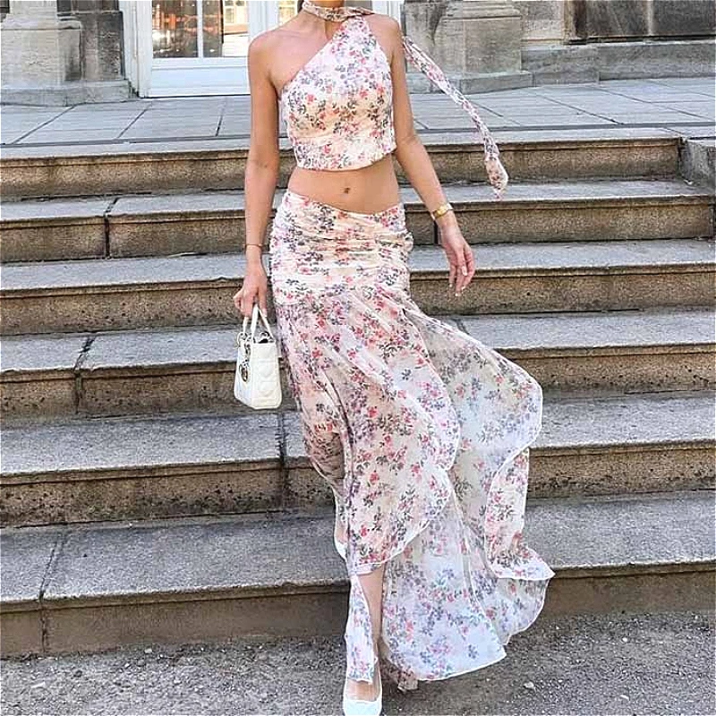 

Women Two Piece Sets Skirt Set Print Floral Beach Sleeveless Short Top Long Skirts A Line High Waist Y2k Streetwear Elegant 2026