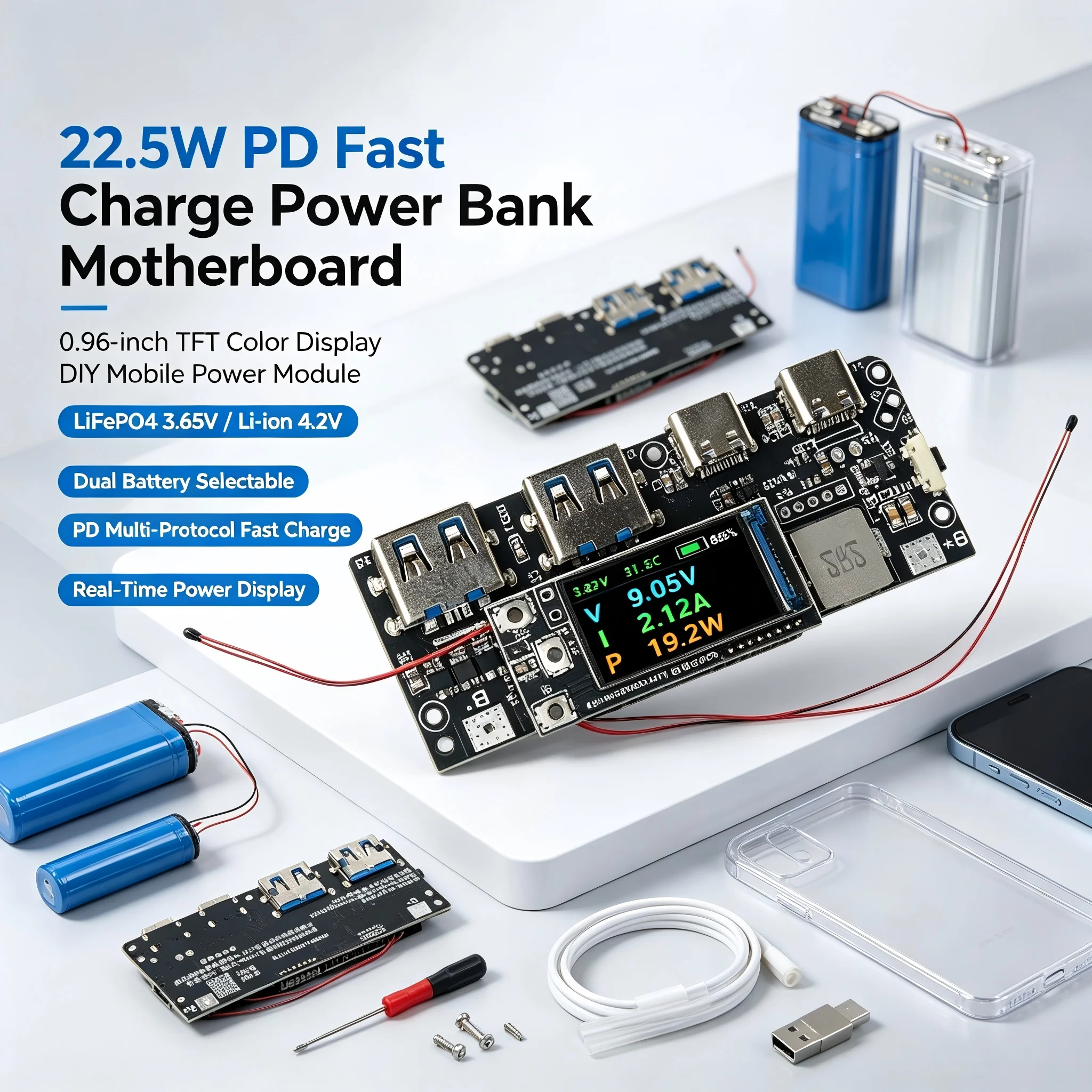 PD Multi-Protocol Fast Charging Module 22.5W LFP/Li-ion Portable Power Bank Mainboard Circuit Board 0.96-inch TFT Color Display