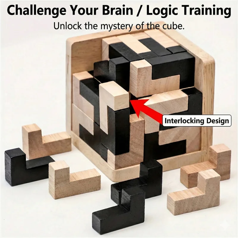 Wooden 3D Puzzle Cube Luban Lock Brain Teaser Toy Montessori Educational Interlocking Game For Kids Adults STEM Logic Gift
