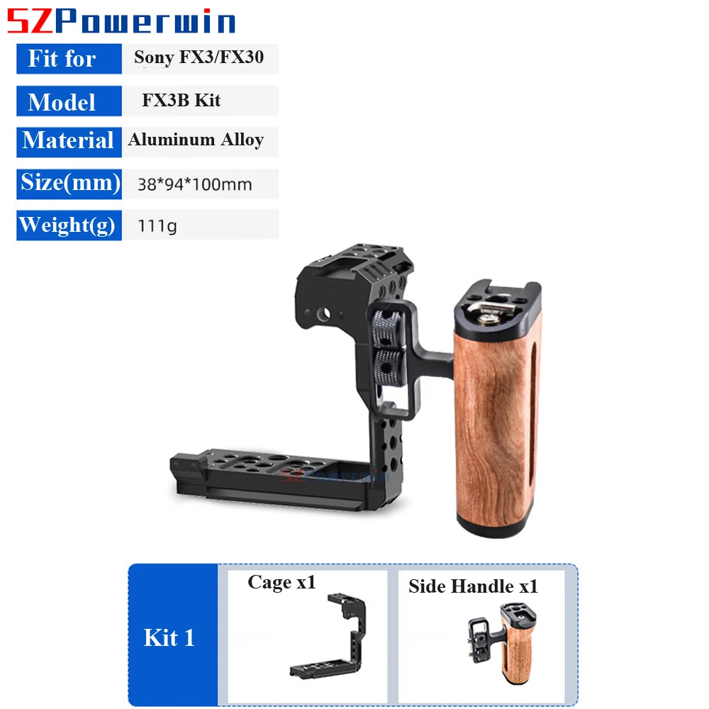 Powerwin For Sony FX3 FX30 Camera Cage with wooden Handle Kit  Aluminum Alloy Arri Locating Screw Protective Rig Frame Gimbal