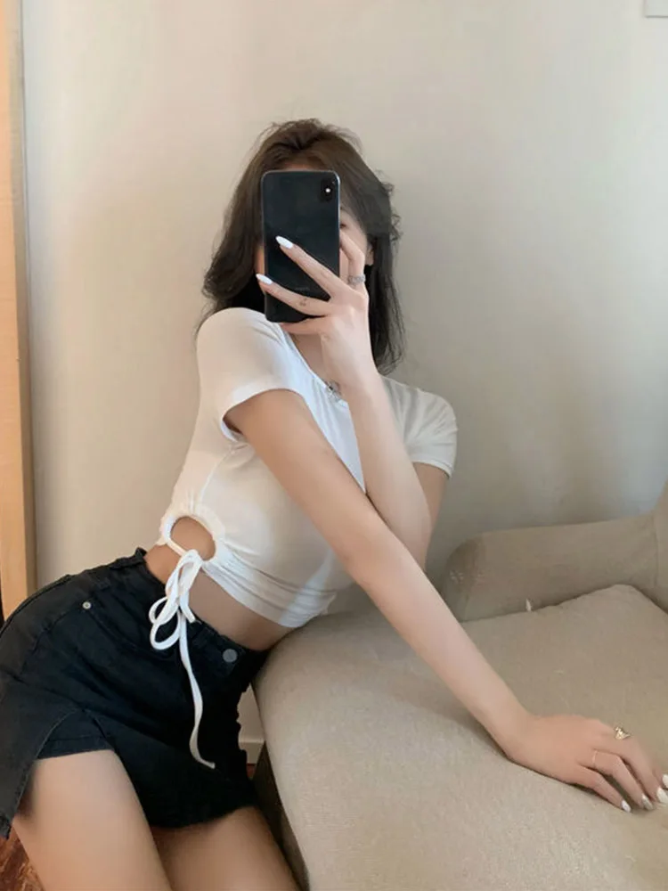 Hot girl short sleeved t-shirt for women's summer new sexy tight fitting outfit with drawstring waist cinching short top