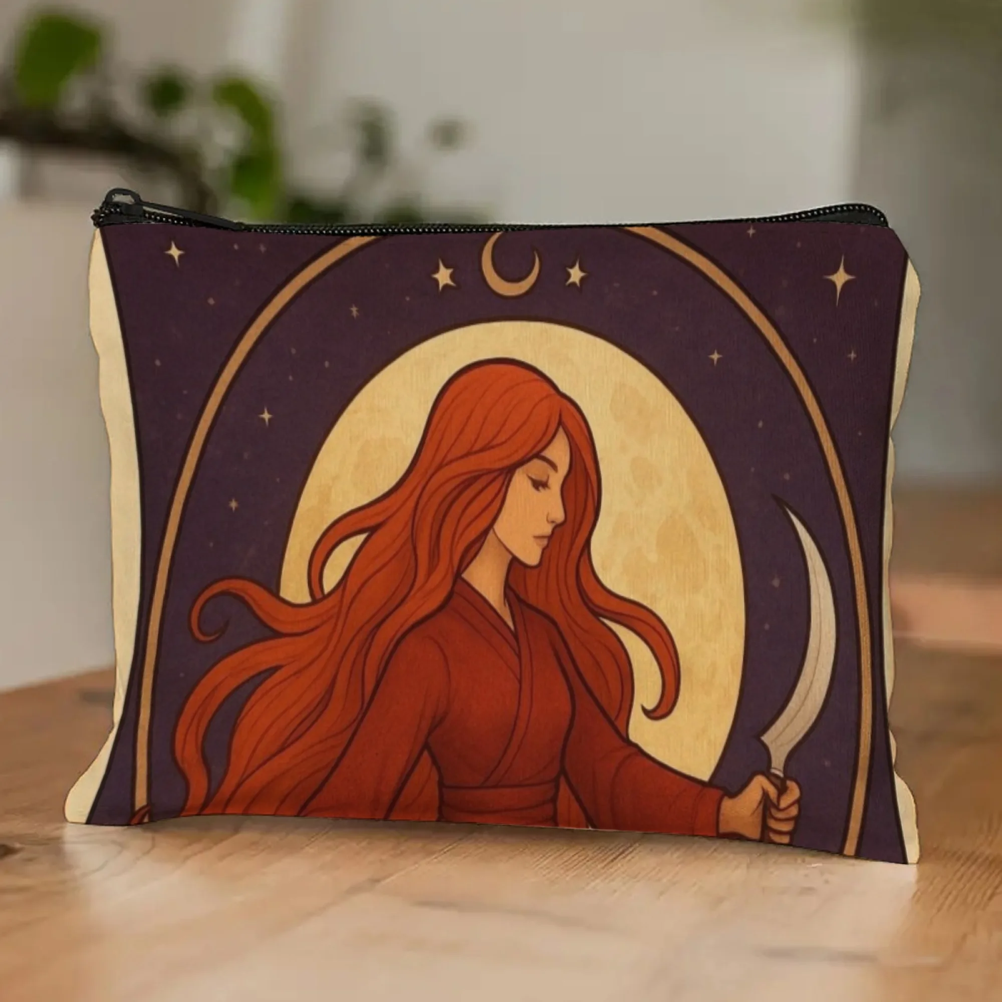 Custodia cosmetica per donna strega occulta Design mistico con lama a mezzaluna di capelli rossi Luna piena e stella perfetta per gli amanti del mito e della strega