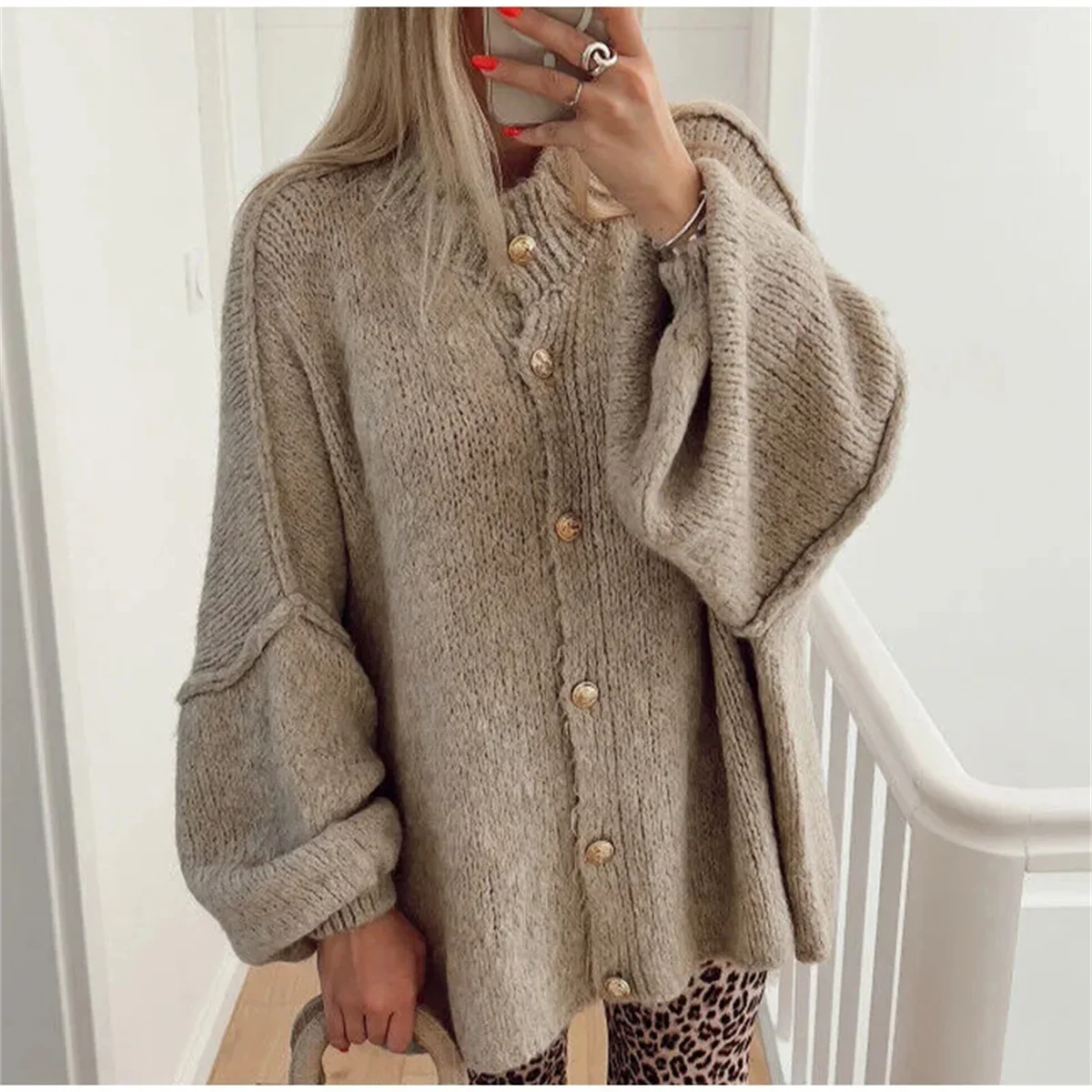 French Fashion Loose Sweater For Women O-neck Metal Button Cardigan Single Breasted Autumn Winter Casual Coat Female Outfit Tops