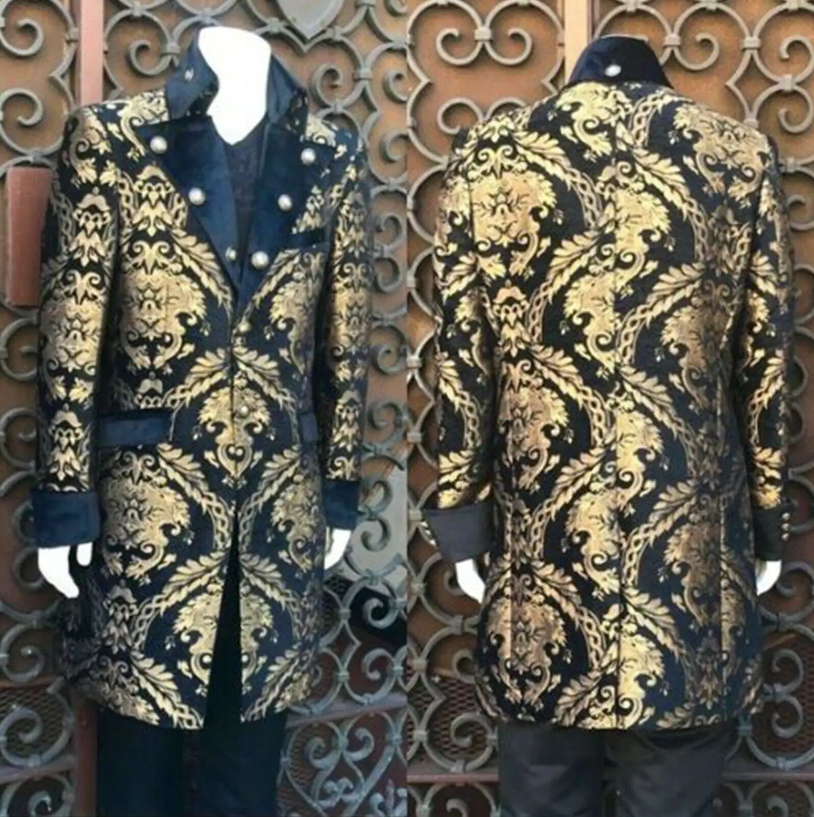 

18th Century Rococo Luxury Dark Blue And Gold Jacket King Prince Ball Gown Coat Colonial Pirate Captain Trench Coat Custom Made