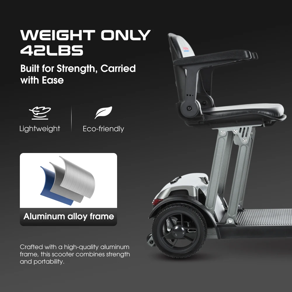 Scooter de mobilité pliable à 4 roues pour personnes âgées, cadre en aluminium de 42 lb, batterie approuvée par la compagnie aérienne de 12 Ah, lumières LED, port USB