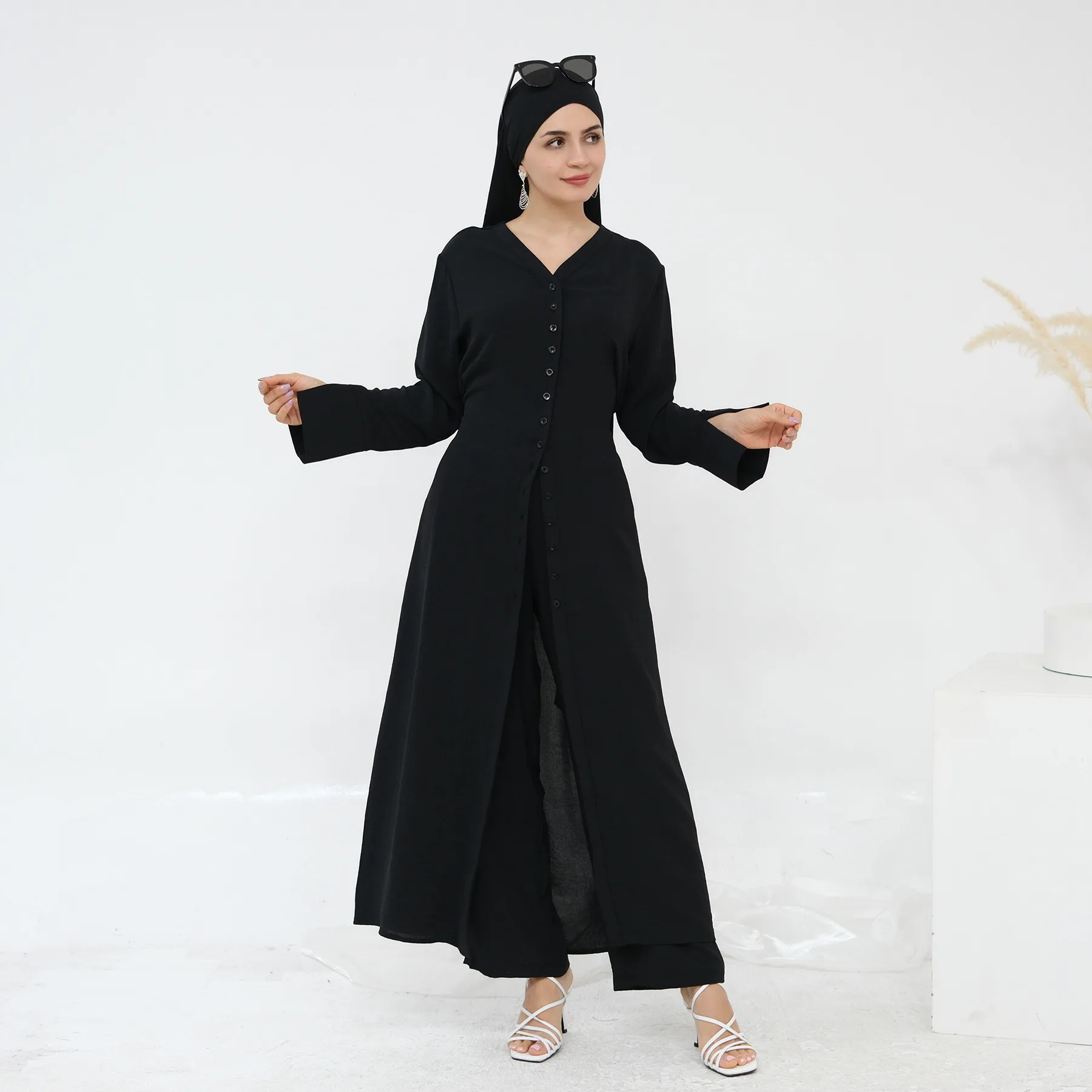 

2 Piece Open Buttons Abaya with Pant Set Muslim Fashion Suit Islamic Clothing Abayas for Women Dubai Kaftan Robe Arab Casual