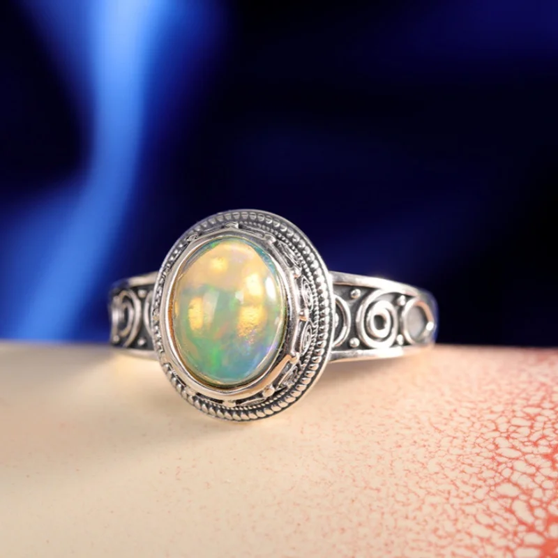 S925 Sterling Silver Charms Rings for Women Men Retro Eternal Rattan Pattern Inlaid Opal Stone Fashion Jewelry Wholesale