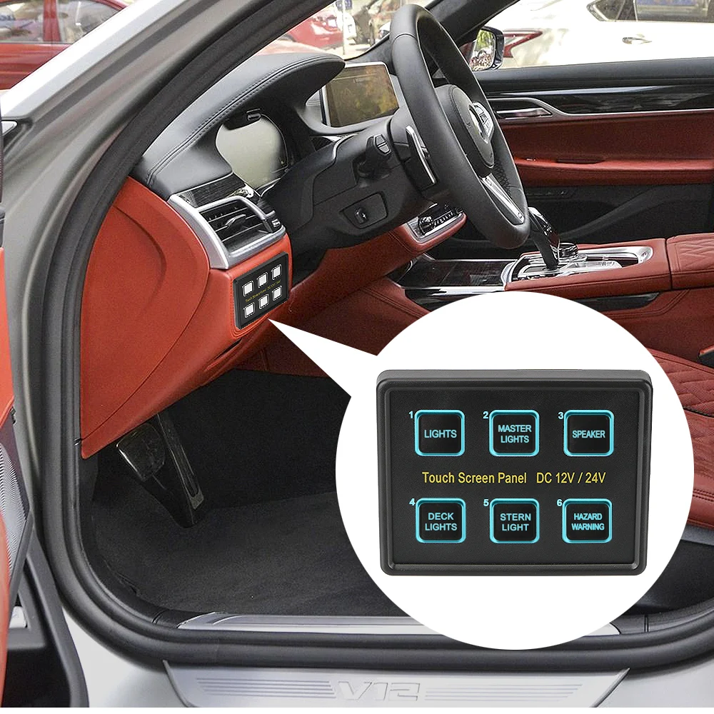 Slim Touch Circuit Control Panel Box 6 Gang LED Switch Panel Touch Screen Switches Panel 12V/24V for Car Marine Caravan
