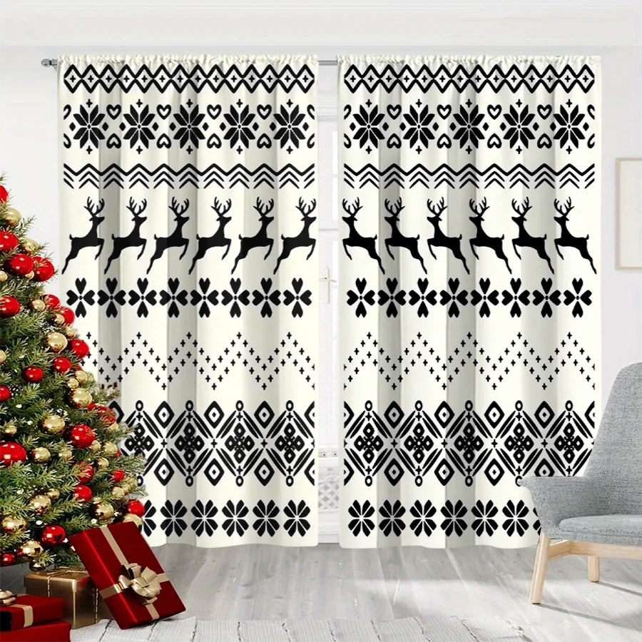 2PCS Christmas Winter Curtains, Knit Fair Isle Reindeer Snowflake Black White, Digital Print, Bedroom Living Room, Home Decor