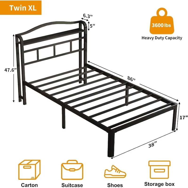 Twin XL Bed Frame - Stylish Platform Bed Frame with Headboard and USB & Type C Charging Station, Heavy Duty Metal Bed Frame