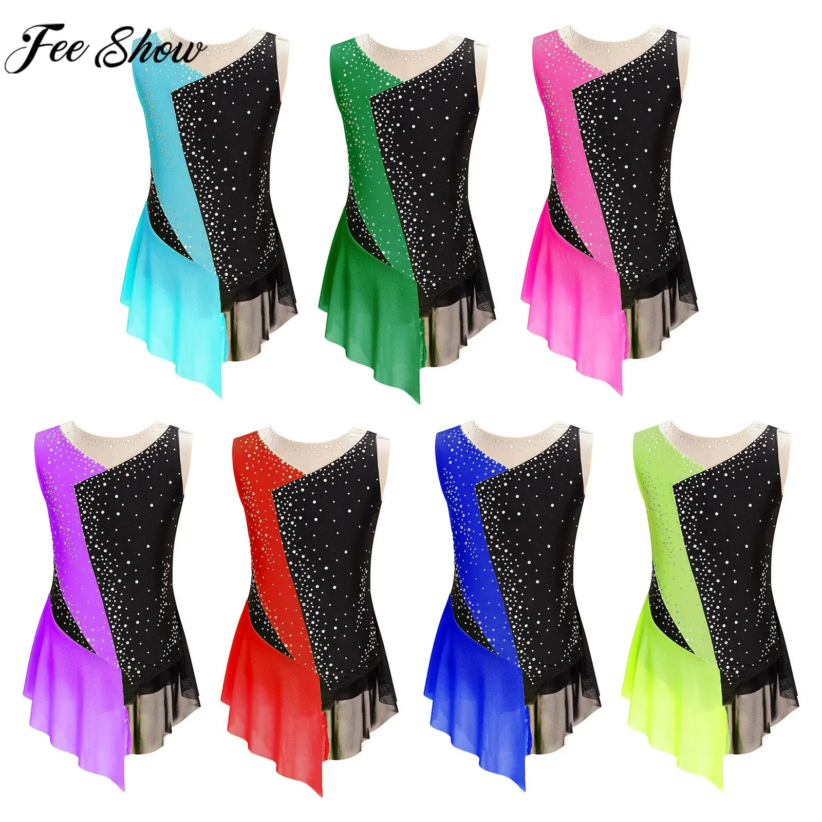 

Kids Girls Sleeveless Shiny Rhinestone Mesh Figure Skating Bodysuit Ballet Gymnastics Acrobatics Lyrical Dance Leotard Dress