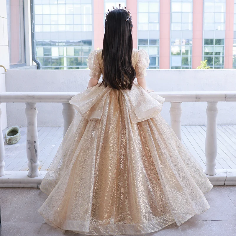 Customized Luxury Shinny Beading Design Flower Girl Dresses For Weddings O-neck Stand Collar Girls Birthday Dress 2024 Tiered Pr