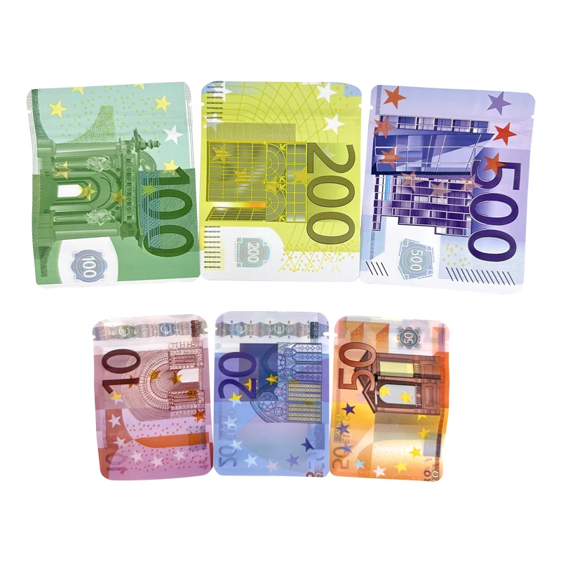 10 unisto 20 unisto 50 unisto 100 unity 200 unity 500 unity Bills Papierowa torba z zamkiem błyskawicznym Mała torebka z przezroczystym okienkiem 1-3.5G Mylar Mała torba Dostosowany projekt EURO