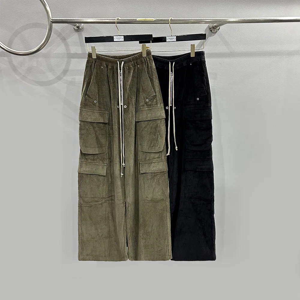 

Rick Wide Leg Pants Streetwear Corduroy Owens Overalls Green Large Pocket Slacks High Street Elasticated Trouser RO Clothing