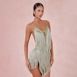 Women Performance Belly Modern Dancing Dresses Sleeveless Bae Back Fully Tassel Female Latin Dance Dress