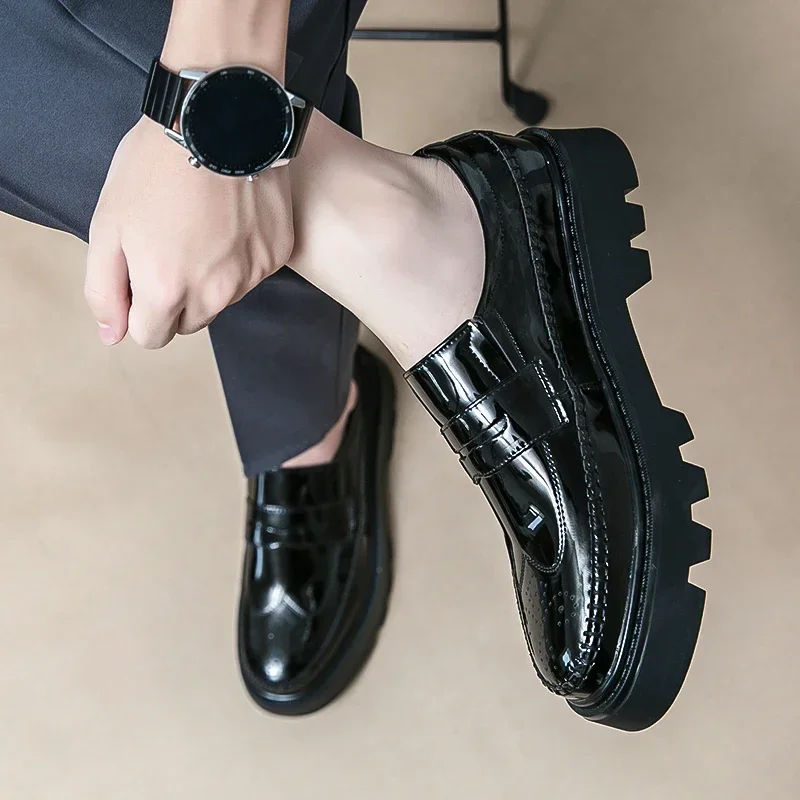 New Black Patent Leather Loafers Platform Men Shoes Round Toe Solid Slip-On Size 38-44  Mens Shoes