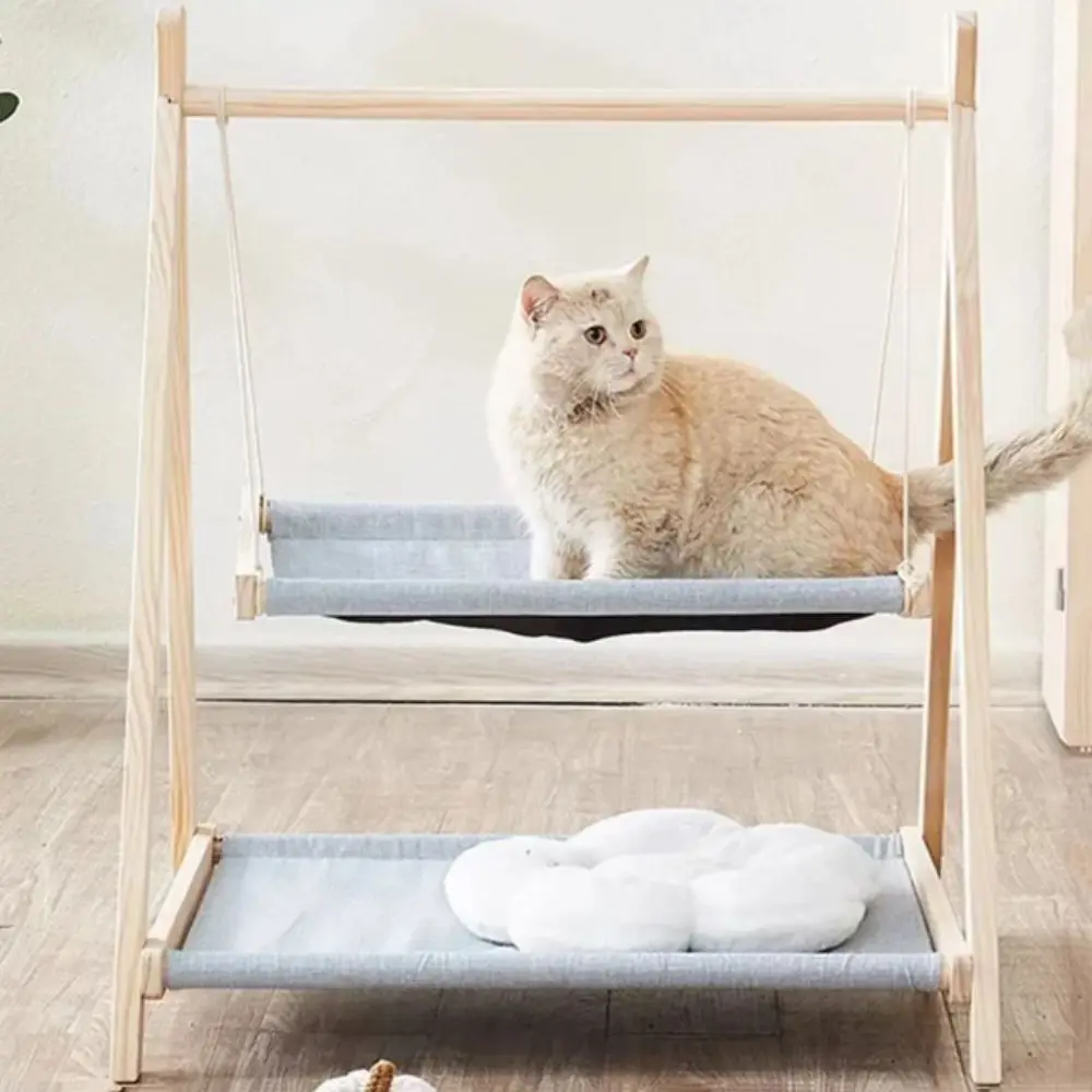 Columpio de madera maciza para gatos, cama colgante de diseño estable de madera gruesa, cómoda cuna, hamaca para gatos con marco elevado, uso en interiores