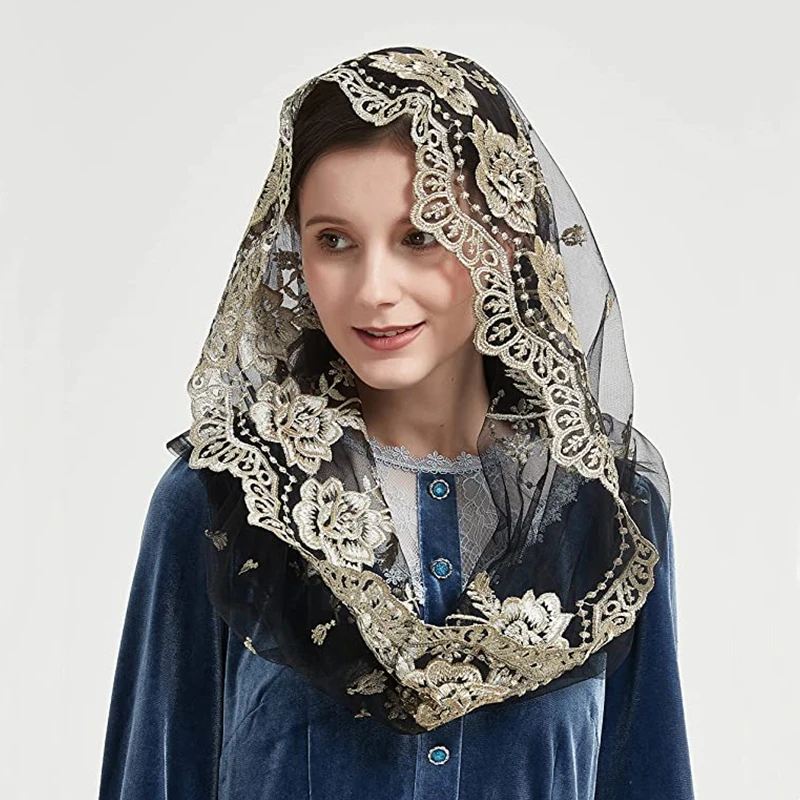 غطاء رأس من قماش التول المطرز باللون الذهبي من Infinity Mantilla للنساء لباس كاثوليكي للصلاة مصلى إسباني أسود عاجي مع مشابك