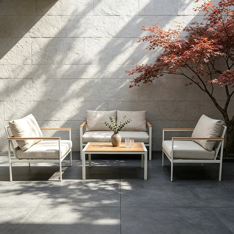 Aluminum alloy outdoor sofa villa courtyard rattan imitation teak iron aluminum sofa four-piece set
