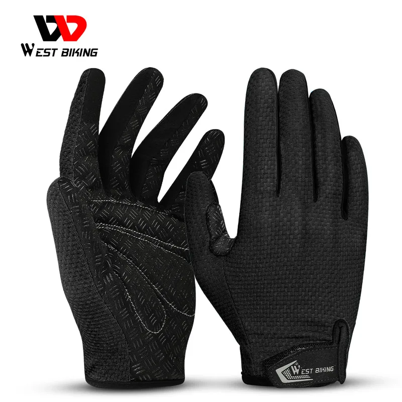 WEST BIKING Full Finger Cycling Gloves Touch Screen Anti-slip Shock Absorption Bike Gloves Breathable Mittens Cycling Equipment