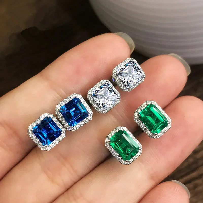 Square Green Zircon Earrings for Women\'s Elegant Party Anniversary Gift Eternal High Grade Sparkling White Crystal