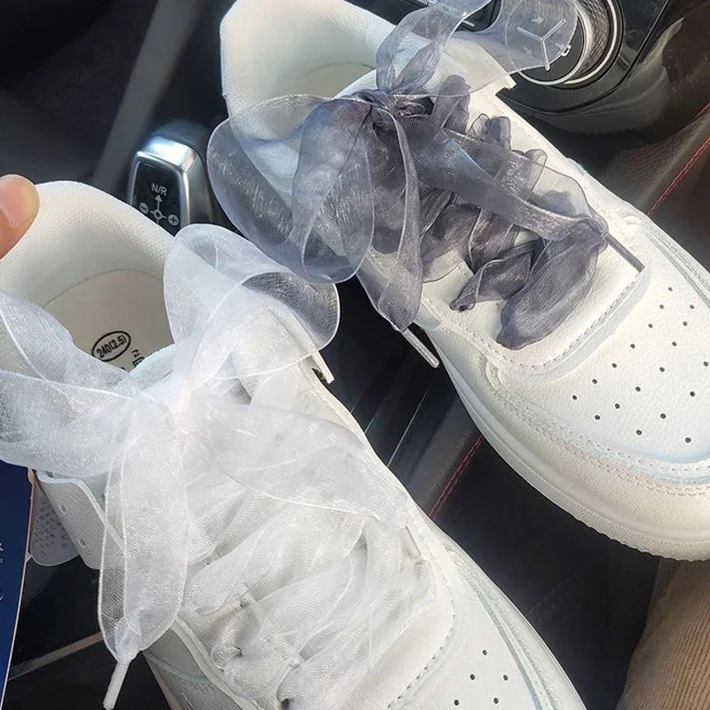 Wide Chiffon Shoelaces Elegant Ribbon Laces for Women Girl Shoes Silk Satin Clear Shoe Strings Flat Lace for Sneakers Decoration