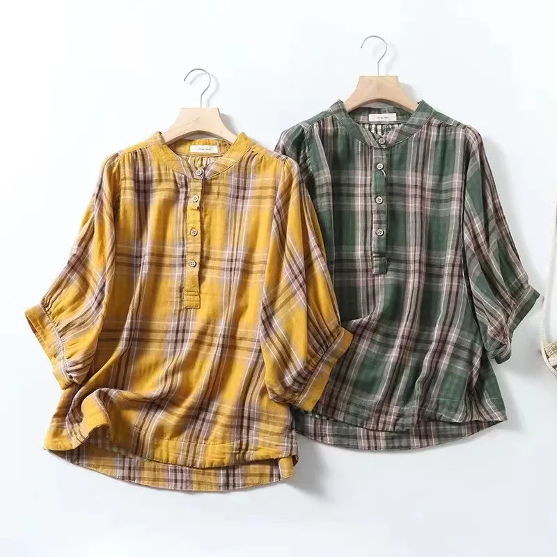 New Spring Cotton Plaid Shirt donna Stand Lantern Sleeve allentato Top Girl letteratura Casual pendolarismo camicetta 2024 autunno T44544QC